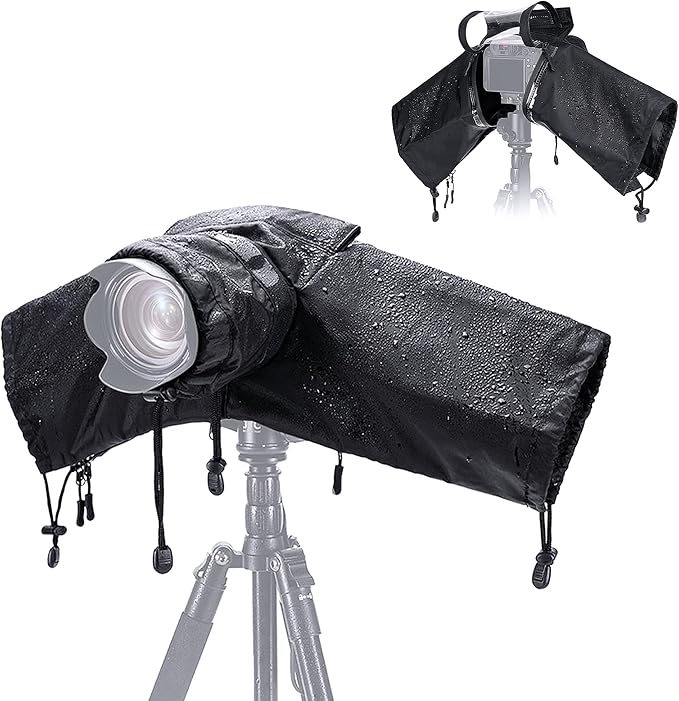 JJC Camera Rain Cover Sleeve for Canon Nikon Sony Fujifilm Mirrorless Camera with Lens Below 7.1x5.5x9.1” (WxHxD), Nylon Camera Rain Coat Protector with Zippered See Through Windows-Black