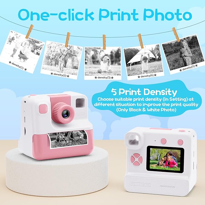 Kids Camera Instant Print, Christmas Birthday Gifts for Girl Boys 3-12 Years Old, FHD Selfie Digital Video Cameras Toddler 3 Rolls Print Paper & 32G Card (Retro, Pink-White)
