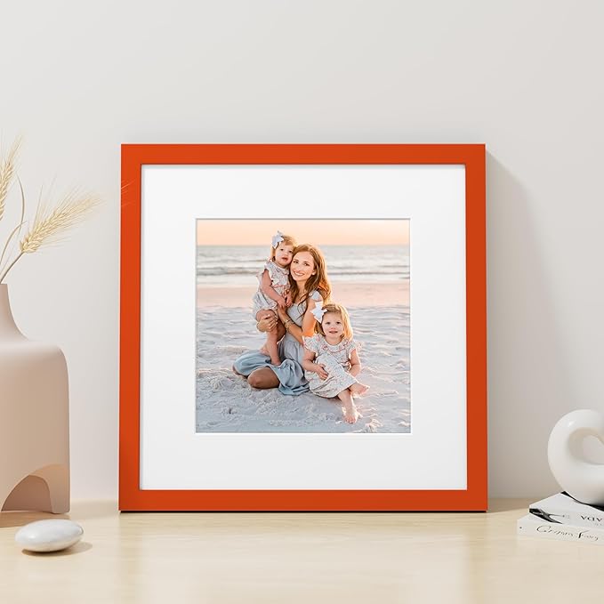 Vittanly 12x12 Picture Frame, Made of Solid Wood and Shatterproof Plexiglass, Display Pictures 8x8 with Mat or 12x12 without Mat, Wooden Photo Frame for Wall Mounting, Orange, 1 Pack
