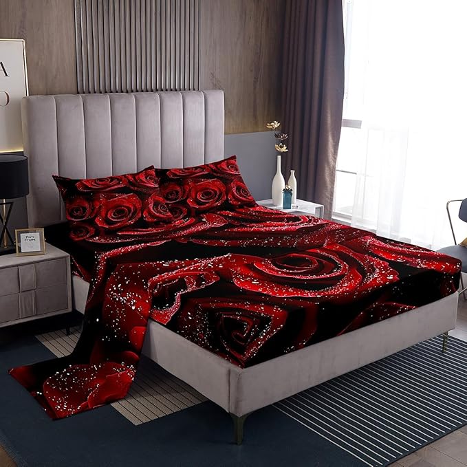Erosebridal Red Rose Sheet Set - Romantic Valentine's Day Bedding 4 Pcs Blossom Rose Flowers Bed Sheet for Women Girls - King Size with 2 Pillowcases