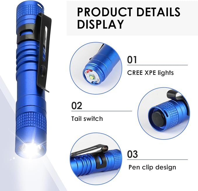 Mini Flashlight, AAA Small Pen Light with Clip, Portable 500lm Pocket Pen Flashlight for Inspection Repair Outdoor Emergency (3 Pack, Blue, 3.5")