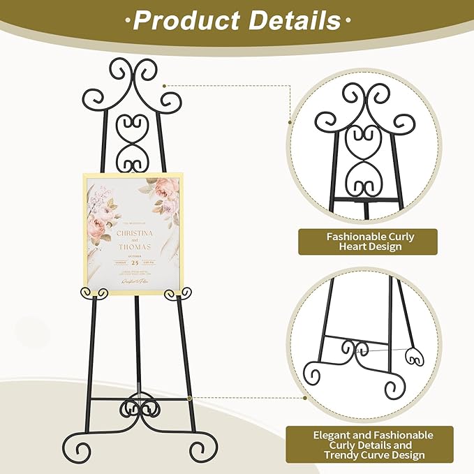 Easel Stand for Sign, Black Vintage Decorative Adjustable Floor Metal Display Easel with Chain Support for Wedding Signs, Art, Posters, Pictures, Welcome Signs, Suitable for Home, Parties, Galleries