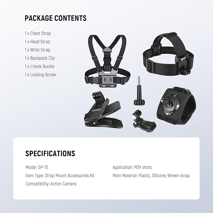 NEEWER Accessory Set Compatible with GoPro Hero Insta360 DJI AKASO Action Camera, Quick Change Head Strap Head Strap Holder, Chest Strap, Backpack Hat Clip Holder & 360° Wrist Strap for GP-75