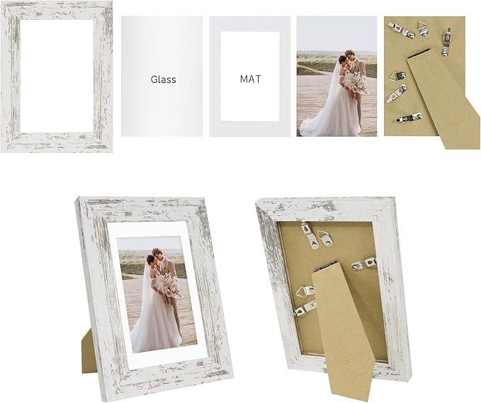 4x6 Picture Frame Set of 4, Made of Real Glass and Distressed White Wooden Frame, 4 by 6 Photo for Wall or Tabletop - Display Picture 3.5x5 with Mat or 4x6 Without Mat