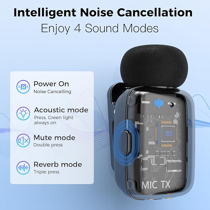 ZealSound Mini Microphone, Wireless Lavalier Mic for iPhone/iPad/Android, USB-C/Lightning, Noise Reduction, 33H Battery with Charging Case for Content Creators, TikTok & YouTube Videos - Transparent
