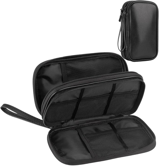 Arae Leather Travel Essentials Electronic Organizer - Double Layer, Waterproof Case for Cables, Chargers & More - Portable, Shockproof Pouch for All Electronics Accessories (Leather Black, M)