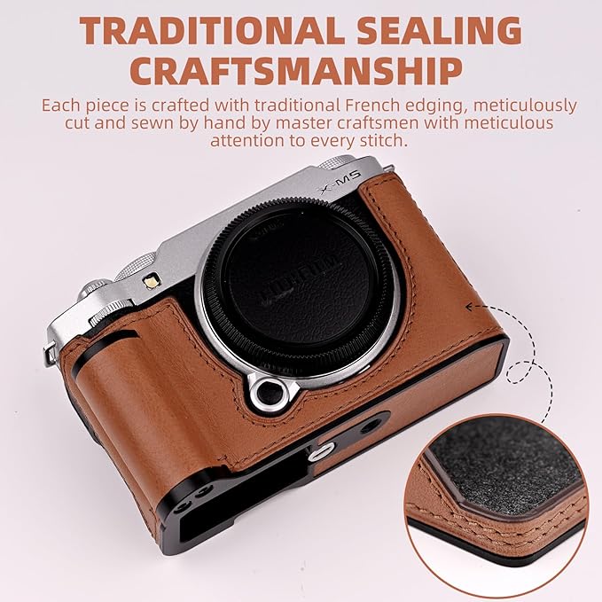 Uchandmade Handmade Genuine Leather Camera Half Case for Fujifilm X-M5/Fujifilm X-M5 Camera Case/Fujifilm X-M5 Case - Top Layer Cowhide Body + Metal Base Plate+ Hand Shank Design (Brown M-BOX)