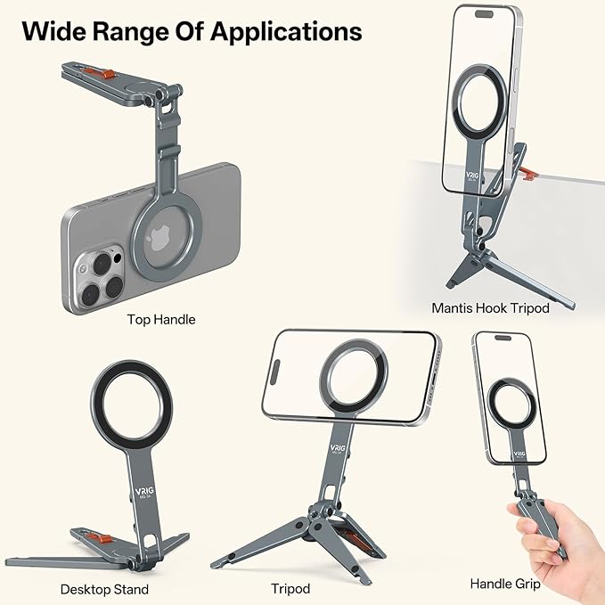 VRIG MG-34 Magnetic Phone Tripod Stand for iPhone, Aluminium Alloy Foldable Phone Stand for Desk/Handheld, 1/4'' Screw Hole, Cold Shoe Mount and Hook, Compatible with iPhone 17 16 15 14 13 12 Series