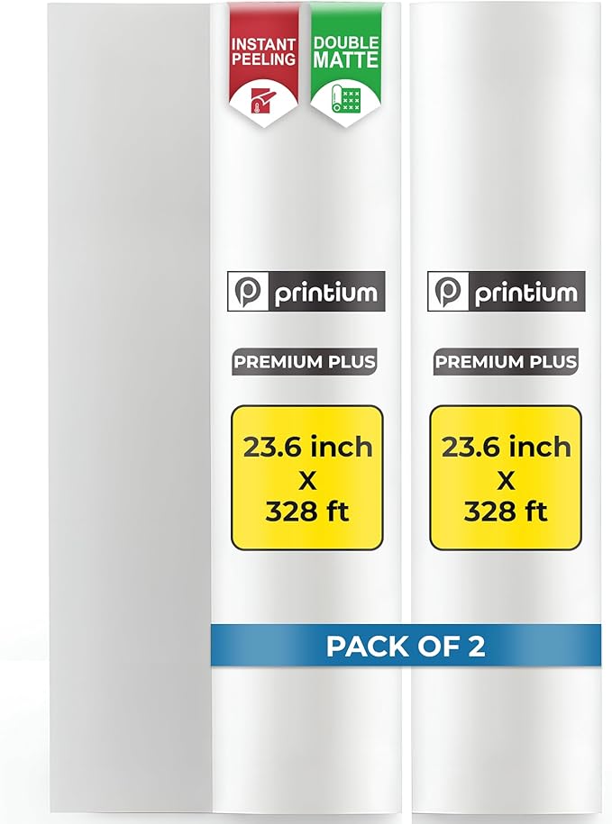 DTF Transfer Film Roll 23.6 inch x 328 ft (Pack of 2) – Premium Plus Double Matte Anti-Static PET Film – Instant Hot & Cold Peel Heat Transfer Paper for Vibrant Colors & Durable Prints on All Fabrics