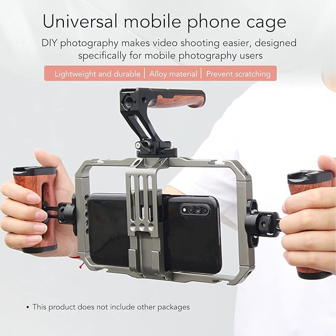 Smartphone Video Rig Camera Cage, Handheld Phone Video Stabilizer with Dual Handles, Aluminum Alloy Vlogging Cage with Cold Shoe Mounts for Phones 2.5-3.4in Wide