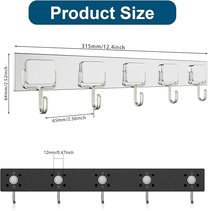 MAGTSMEI Magnetic Hooks Heavy Duty, Coat Hooks Rack with 5 Hooks, Extra Strong Magnet Hook for Hanging Coat Hat Keys, Neodymium Magnet Hooks for Refrigerator, Cruise, Classroom, 1pc Silver Coat Hook