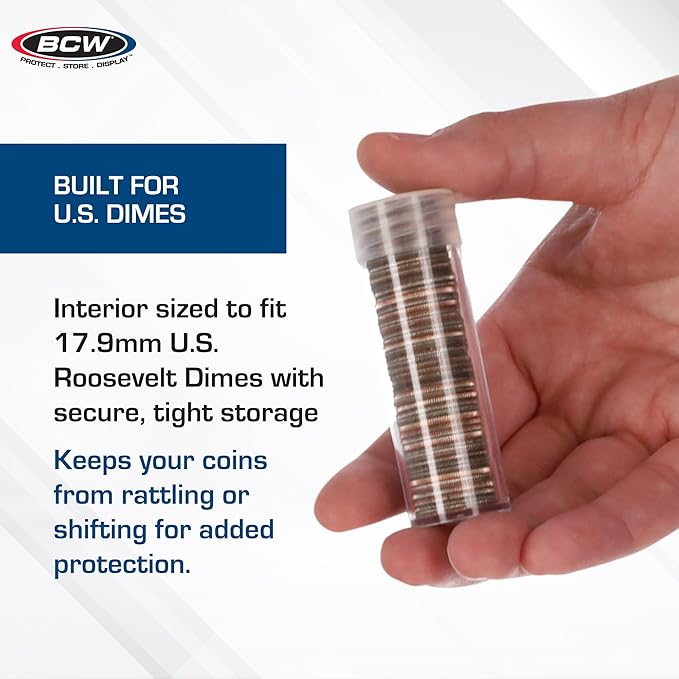 COIN STORAGE TUBES, round clear plastic w/ screw on tops for DIMES (Quantity of 25 tubes)