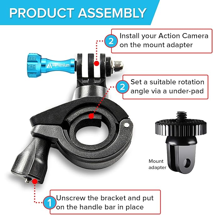 MiPremium Bike Handlebar Pole Mount for GoPro Hero 13 12 11 10 9 8 7 6 5 4 3 2 Black Silver Session, AKASO Campark & Other Action Camera Accessories. & Motorcycle & Bicycle Clamp Mount Adapter