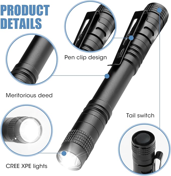 Mini Flashlight, AAA Small Pen Light with Clip, Portable 500lm Pocket Pen Flashlight for Inspection Repair Outdoor Emergency (3 Pack, Black, 5.1")