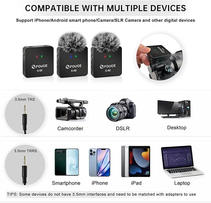 FDUCE Dual UHF Wireless Lavalier Microphone System for Phone & Camera, Mini Portable Clip On Condenser Mics, Lapel Microphones Wireless for YouTube, Podcast, Interview, Streaming, ASMR Recording
