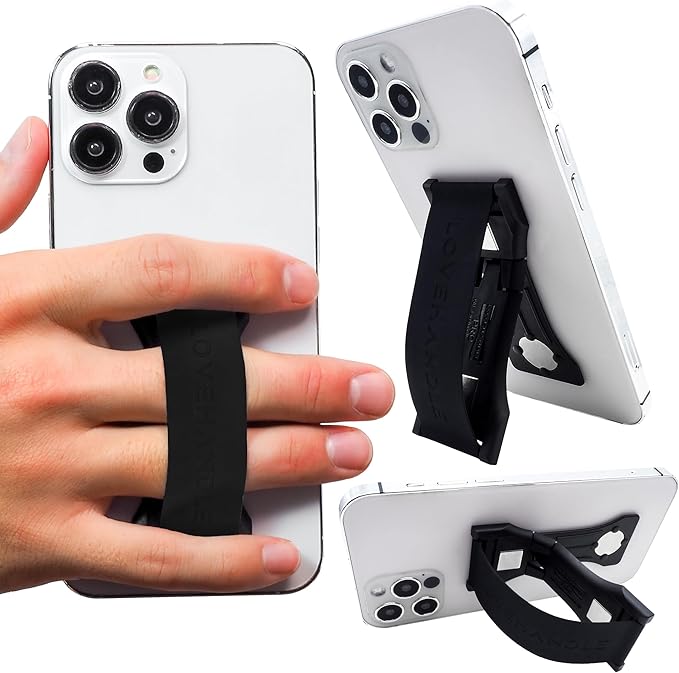 LOVEHANDLE PRO Premium Phone Grip - Silicone Phone Strap - Magnetic Phone Mount and Kickstand for Smartphone and Tablet - Black Silicone on Black Base