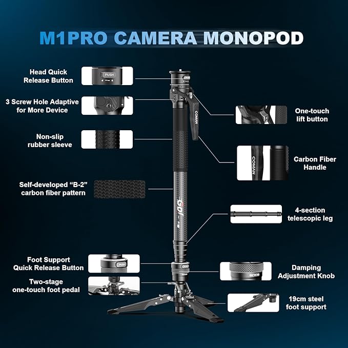 COMAN One-Click Lifting Carbon Fiber Monopod, M1 Pro Camera Monopod with Feet, 65'' Lightweight Travel Tripod with Quick Release Foot Lock for Camera, DSLR, Camcorder, Max Load 44lbs / 20kg (M1Pro)