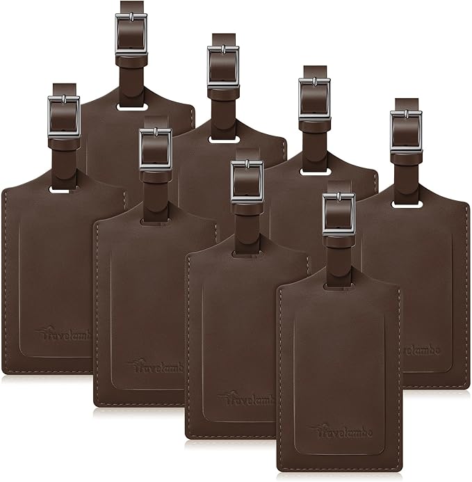 Travelambo 8 Pack Luggage Tags Faux Leather for Suitcases Travel Bag Labels Travel Accessories Essential with Protection Cover ID (Brown)