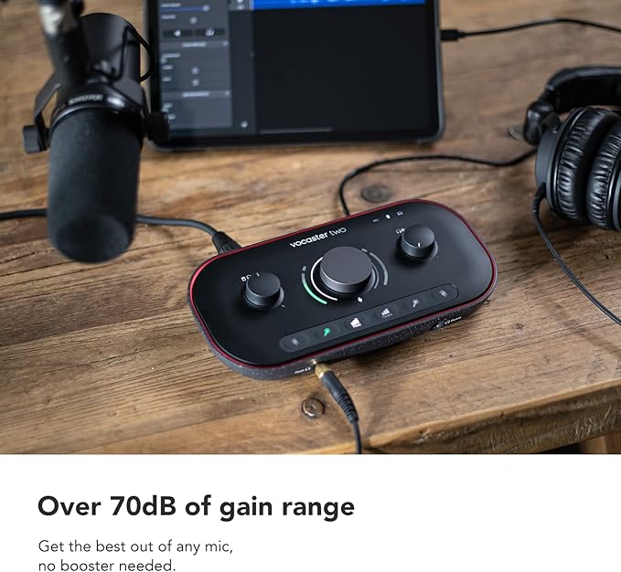 Focusrite Vocaster Two Studio — Podcasting Interface for Recording Host & Guest, with Professional Quality Vocaster DM14v Dynamic Microphone & HP60v Headphones. 2 Mic Inputs & Headphone Outputs