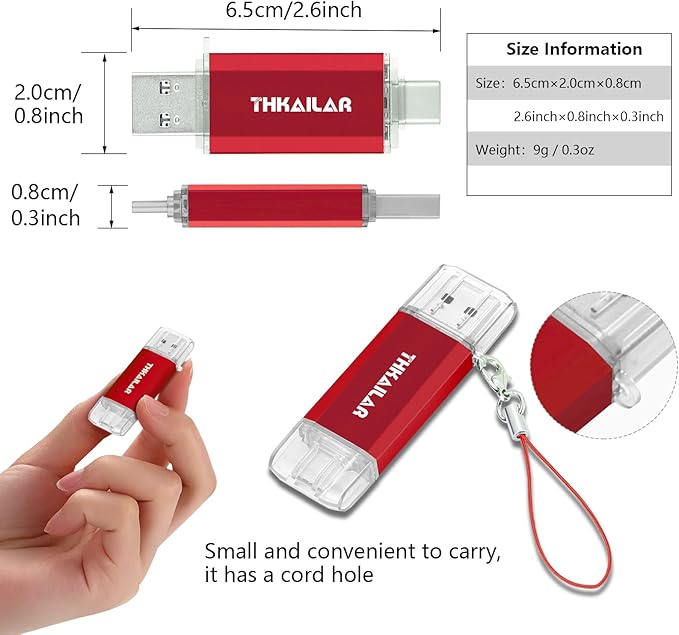 Thkailar 32GB Fat32 USB C Flash Drive OTG High Speed for Store Data-USB 3.1 Thumb Drive C Jump Drive-Compatible with Samsung,Mac Pro,Laptops,Tablets,PC(Red)