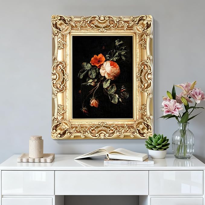 11X14 Vintage Picture Frame, Antique Champagne Gold Ornate Baroque Frame with Real Glass, 11 X 14 Photo Frame for Tabletop Wall Hanging Display