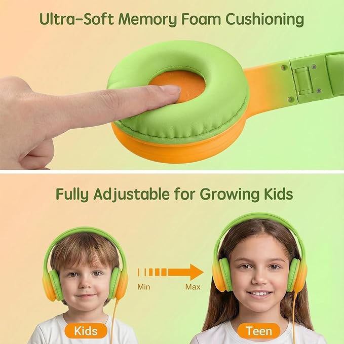 Wired Kids Headphones with USB C Plug, 85dB Safe Volume, Adjustable Headband, Tangle-Free Cord Headphones for School, Tablet, Travel (Lime Green & Orange, Without Microphone)