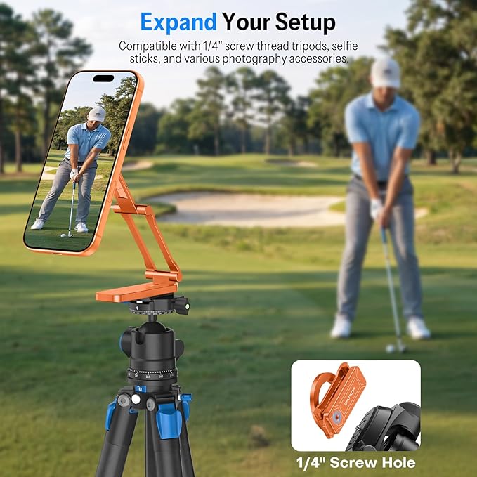 OMOTON CV08 Magnetic Golf Cart Phone Mount with [1/4” Screw + 5.6” Extendable Arm], 360° Rotatable Holder, Strong Magnets for iPhone & Samsung, Fits EZ-GO/Club Car, Includes Pouch & Strap (Orange)
