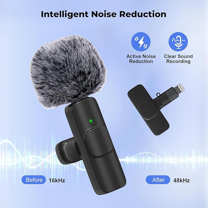 Wireless Microphone for iPhone, Android Wide Compatibility Noise Reduction Clear Sound Lavalier Microphone for Podcast, Video Recording, Live Streaming, YouTube, Tiktok, Vlog, 2 Pack