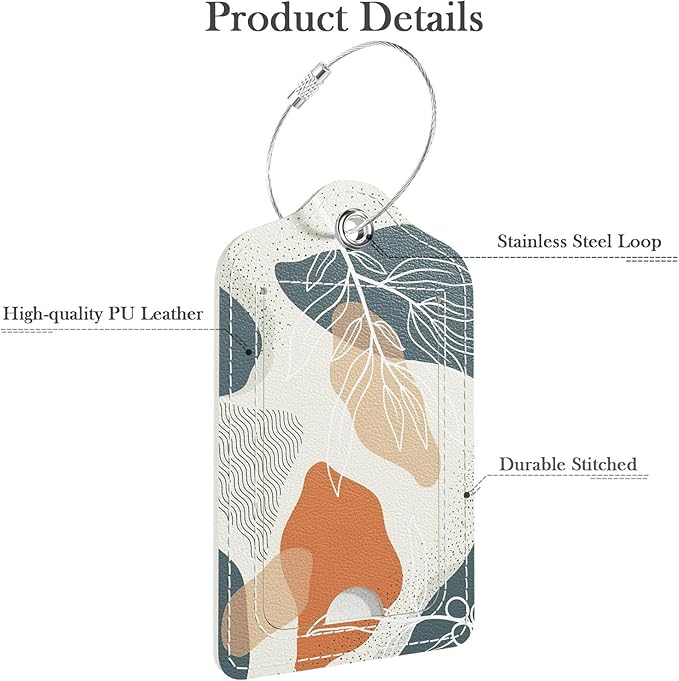 Luggage Tags for Suitcase, 2 Pack PU Leather Travel Cruise Luggage Tag with Privacy Flap, Name ID Label and Metal Loop for Women Men Suitcase Baggage Bag Backpack Instrument, Boho Leaves