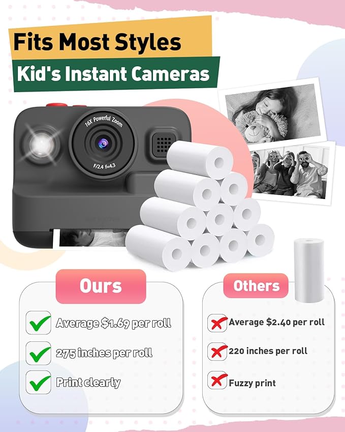 Yehtta 10 Rolls Kids Instant Camera Print Paper, Photo Printer Thermal Paper Rolls, BPA Free, Refill Replace Camera Instant Printer Paper for Most Kids Instant Camera
