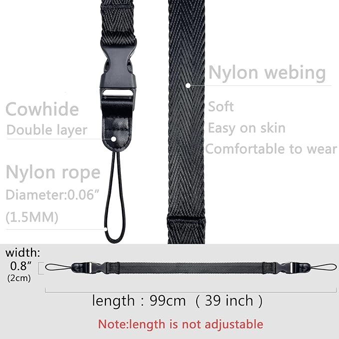 Camera Neck Straps Thin,Binoculars Strap with Quick Release Buckle,Washable,Nylon Camera lanyard,Black,39 Inch