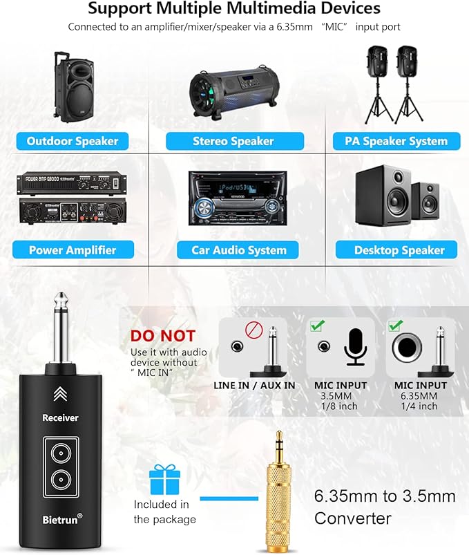 Bietrun Wireless Microphone Rechargeable, 168FT Range Bluetooth Microphone Wireless (Work 7 hrs) with 1/4'' Output, UHF Metal Handheld Dynamic Mic for Karaoke Machine/PA System/Speaker/Church/Wedding