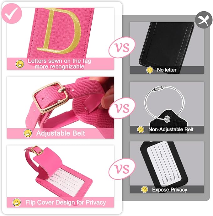 Initial Letter Luggage Tags for Suitcases, Embroidered Monogrammed Suitcase Luggage Identifier Name Tag, PU Leather TSA Approved Luggage Tags, Bag Tags for Men Women Kids Luggage Handbags(Rosered D)