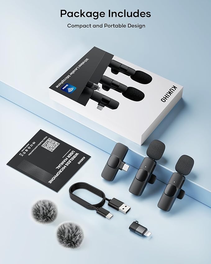 Wireless Lavalier Microphone for iPhone iPad and Android Phone, 2 Pack Lapel Mic Plug and Play Wireless Mic Noise Reduction Microphone for Video Recording Interview Podcast (Black)
