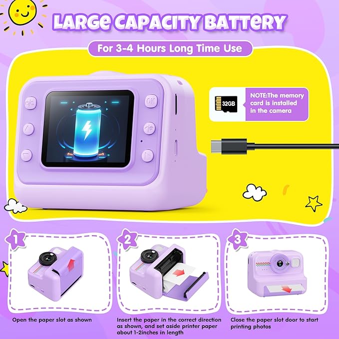 HiMont Kids Camera Instant Print, 1080P HD Instant Print Camera for Kids with 3 Rolls Print Paper & 32GB Card, Selfie Digital Camera for Kid, Ideal Kid Toys Gifts for Boys & Girls Age 3-14 (Purple)