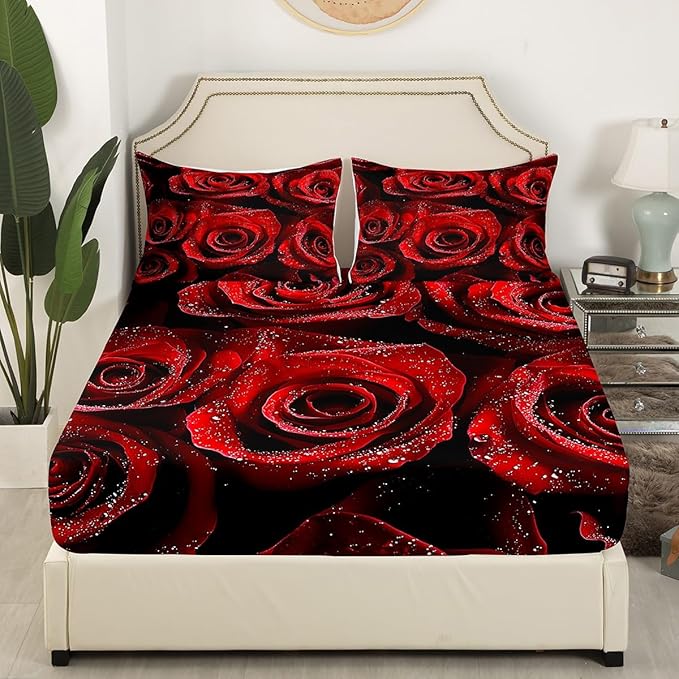 Erosebridal Valentine's Day Sheet Sets Red Rose Fitted Sheet for Women Girls Love Romantic Moment Print Bed Sheet 4 Pcs Blossom Flowers Bedding Modern Luxury Flat Sheet Full Size