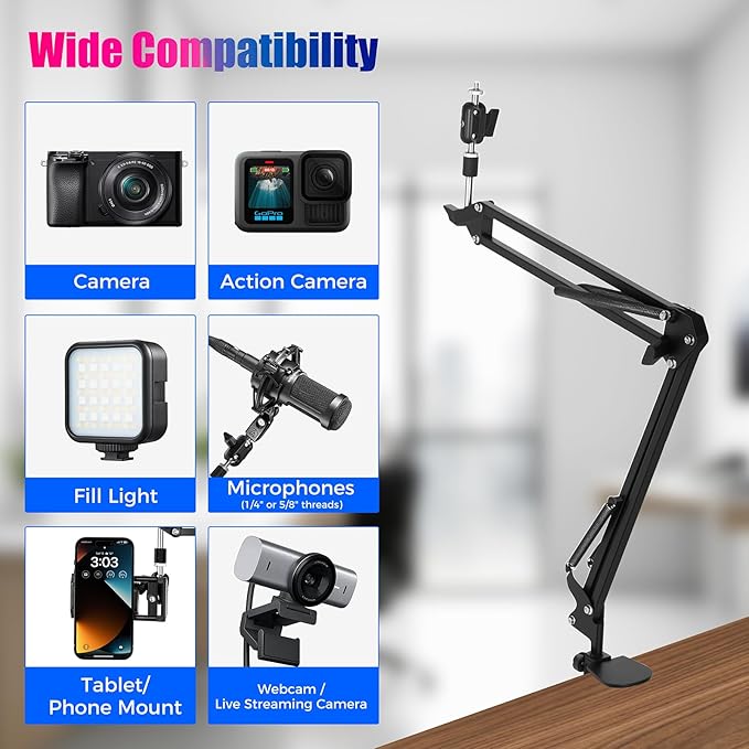 30" Magic Arm Holder w Clamp - Overhead Phone Mount for Desk, Smooth 360° 1/4" & 5/8" Thread Webcam Stand for Phone, Tablet, Webcam, Mic, Camera - Content Creators & Streaming