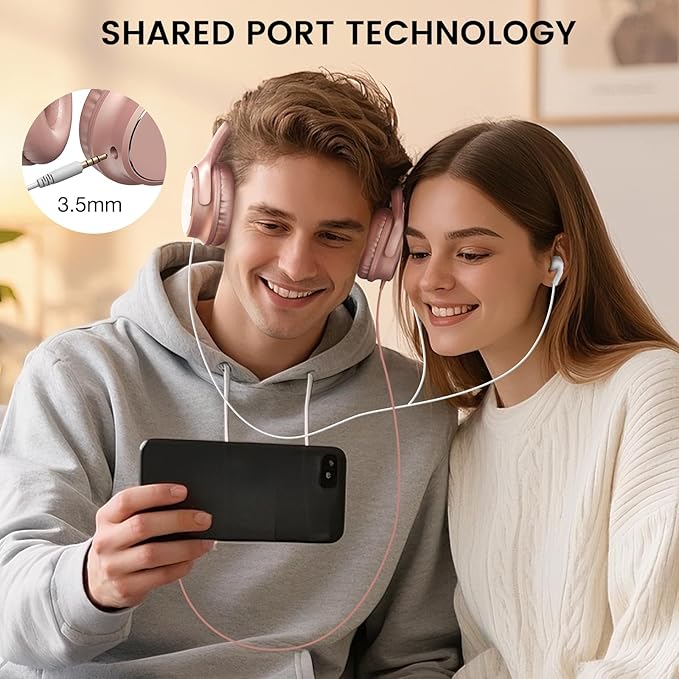 USB C Wired Over-Ear Headphones with Microphone, Volume Control, Share Port, and Adjustable Headband Foldable Stereo Headset for iPhone 16, Samsung, Laptop, Gaming, Travel