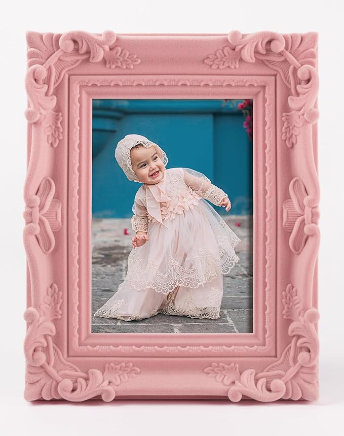 4x6 Pink Picture Frame for Drawings Prints, Small Cute Decorative Frame with Real Glass/Stand, Retro Ornate Memorial Frame Gift for Wedding Baby Shower Retirement (Light Pink)