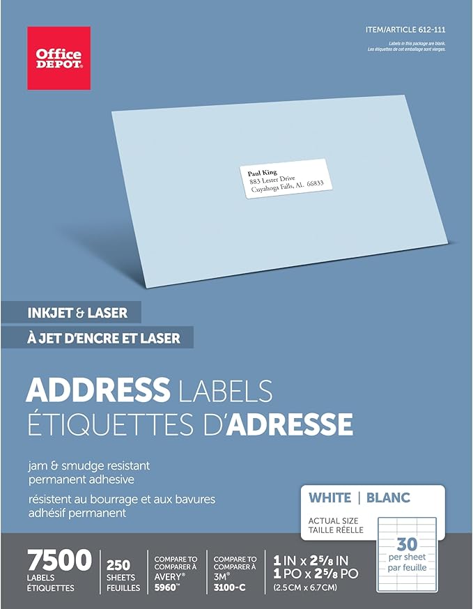 Office Depot White Inkjet/Laser Address Labels, 1in. x 2 5/8in., Box of 7,500, 505-O004-0005