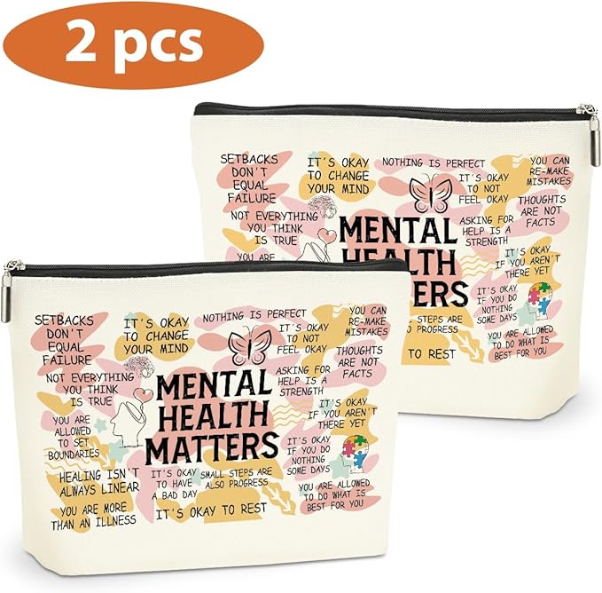 2PCS Mental Health Gifts Makeup Bag, Positive Affirmations Mental Health Awareness Inspirational Gifts for Women Friend Coworker Birthday Friendship Mothers Day Travel Toiletry Cosmetic Bag