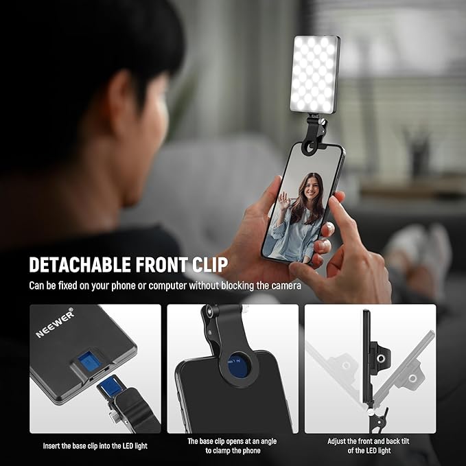 NEEWER Basics NL-60AI Selfie Light for Phone with Front & Back Clip, 60 LED 2000mAh Rechargeable CRI95+, 3 Modes, Portable Clip on Fill Lighting for Tablet Computer Laptop Zoom Call TikTok Video