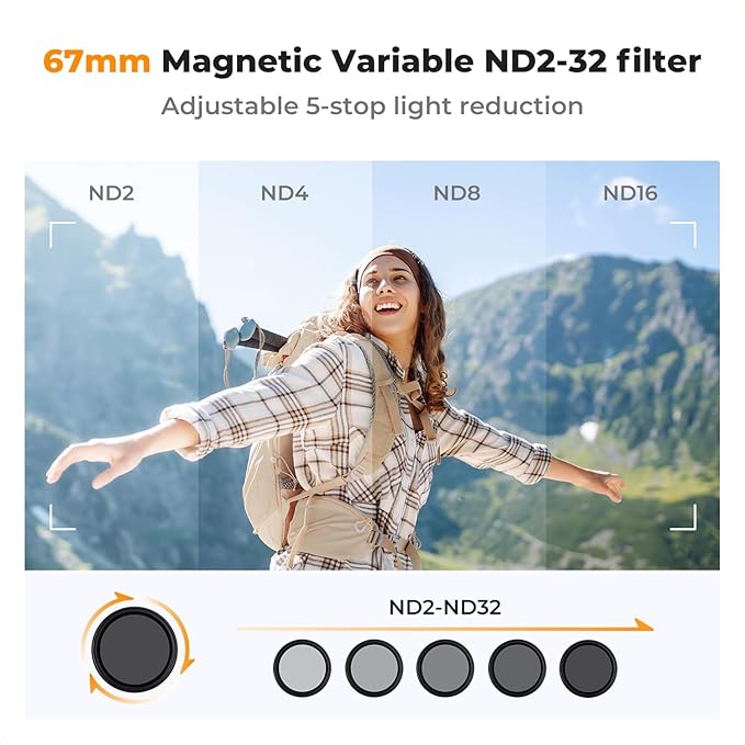 K&F CONCEPT Clip On 67mm Variable ND2-32 Magnetic Phone Lens Filter Kit, Phone Clip with Magnetic Adapter Ring/Cold Shoe/Locking Knob, Neutral Density Filter Compatible with iPhone 16 15 Pro Max 14 13