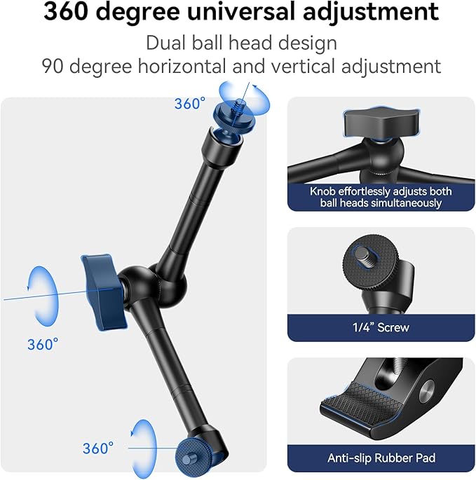 EMART 10inch Articulating Magic Arm Camera Mount with Super Clamp, Friction Power Adjustable Camera Mounts & Clamps with Magicarm and Cold Shoe for Photography/Videography/Webcam/Flash Light