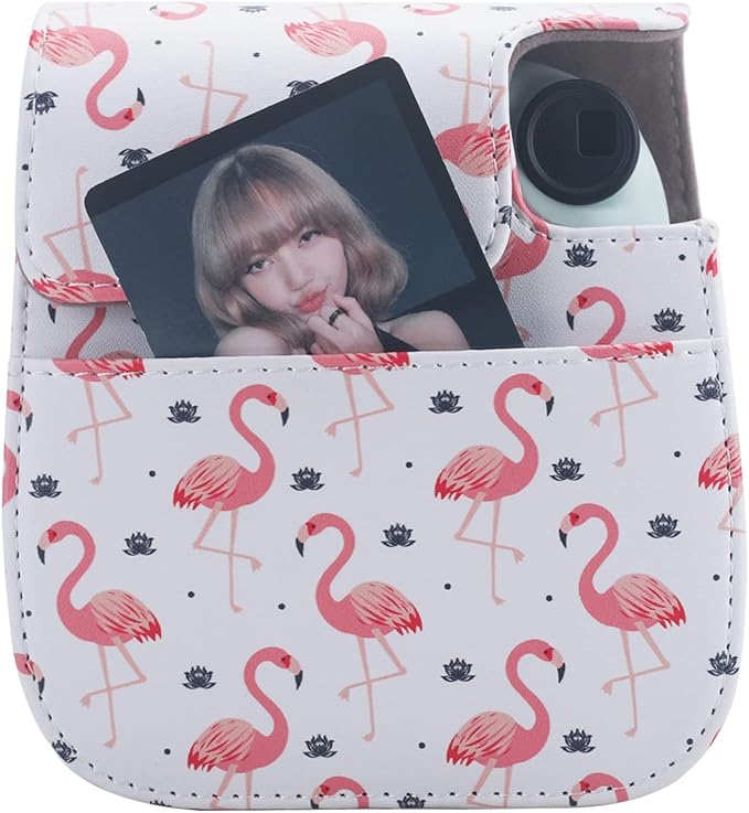 Frankmate Protective Case Compatible with Fujifilm Instax Mini 12 11 9 8 Instant Film Camera with Pocket and Adjustable Strap (Pink Flamingo)