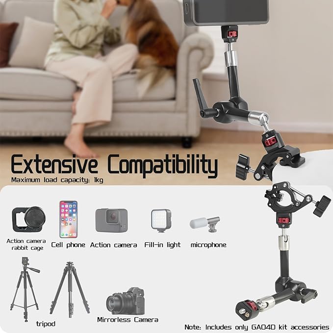 FIFIELD CNC Machined 7" Articulating Magic Arm Clamp Mount with Super Clamp, 360° Dual Ball Head & 1/4" ARRI Locating Pin&Holes, Heavy-Duty Camera Monitor Mount for Camera, Phone, LED Light, Phone,7"