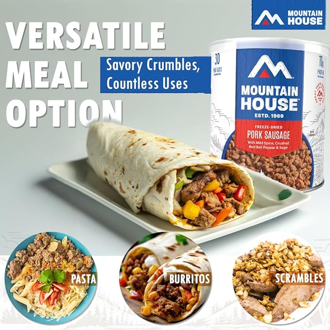 Mountain House Freeze-Dried Pork Sausage #10 Can – 25 Servings per Can – Fully Cooked, Ready-to-Eat Emergency Canned Food Supply – High-Protein Canned Meat for Camping, Hiking, Survival,– 30-Year Taste Guarantee – Made in USA – Pack of 6