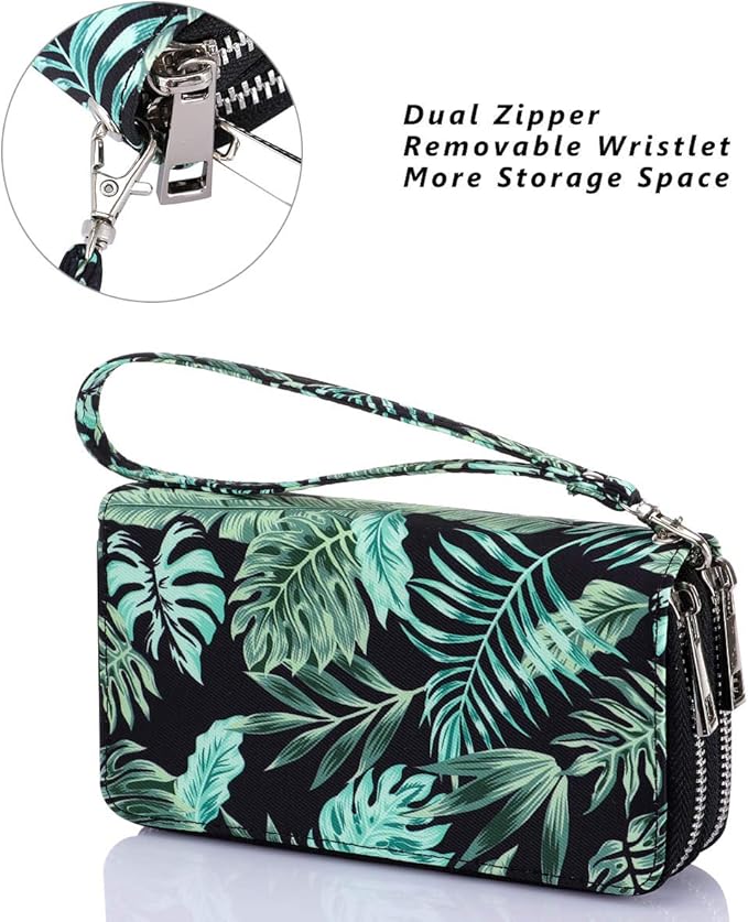 Cellphone Wallet for Women Dual Zipper Long Purse with Removable Wristlet
