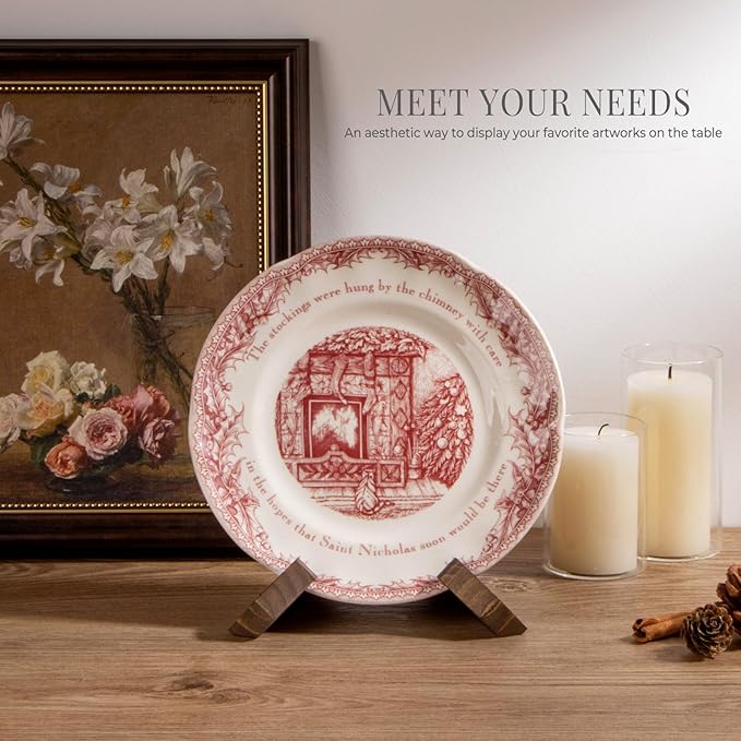 Plate Stand for Display - 3 Pack 4.5 Inch Holder, Wooden Picture Frame Easel, Decorative Table Top Brown