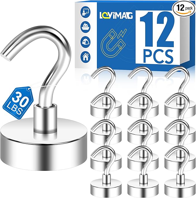 LOVIMAG Strong Magnetic Hooks, 30lbs Magnet Hooks for Cruise Cabin, Strong Magnets with Hooks Cruise Magnetic Hooks Perfect for Hanging,Refrigerator, Kitchen Storage,Classroom Organization -12 Pack